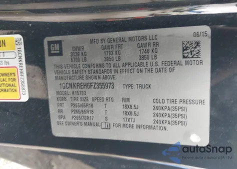 2015 Chevrolet Silverado 1500 1Lt from USA, damaged, VIN 1GCNKREH6FZ355973